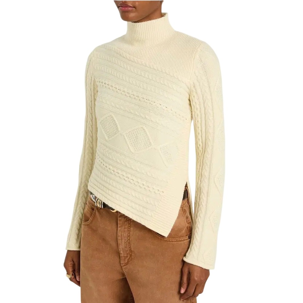 NEW STAUD Sidney Sweater Ivory Wool Blend Asymmetrical Mock Neck SMALL